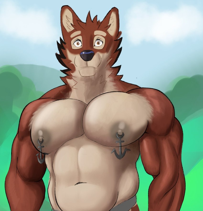 anthro brown_body brown_fur fur male muscular muscular_male nipple_piercing nipples pecs piercing solo spell_lhost echo_(game) echo_(series) echo_project leo_alvarez canid canine canis mammal wolf 2025 hi_res