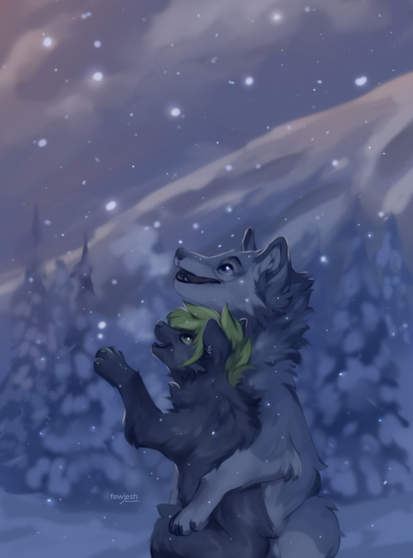 blue_eyes claws detailed_background duo eyebrows fangs female feral fluffy forest forest_background fur green_claws green_eyes green_hair grey_body grey_fur hair hug looking_at_another male mountain nature nature_background night open_mouth plant smile snow snowflake snowing teeth tongue tree white_body white_fur fewiesh a.o.kigahara taka_fox canid canine canis fox mammal wolf 2021 artist_name colored detailed digital_drawing_(artwork) digital_media_(artwork) digital_painting_(artwork) hi_res shaded signature