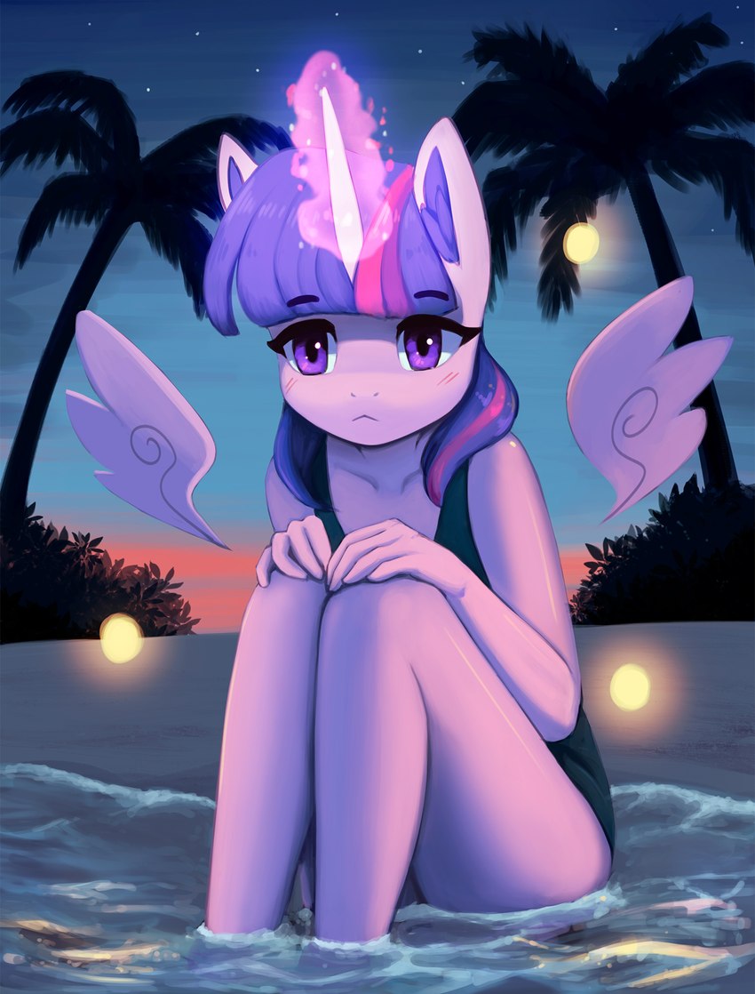 anthro anthrofied beach blush clothing female horn magic one-piece_swimsuit purple_eyes seaside sitting solo swimwear water wings mrscroup friendship_is_magic hasbro my_little_pony mythology twilight_sparkle_(mlp) equid equine mammal mythological_creature mythological_equine winged_unicorn hi_res