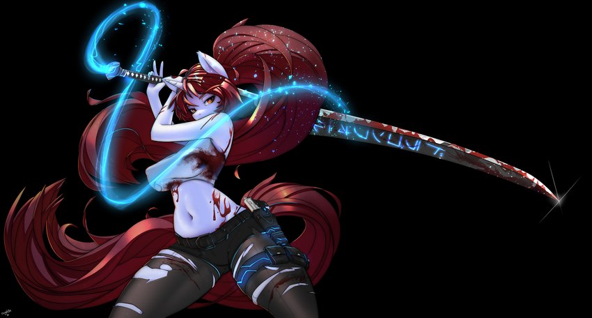 amber_eyes anthro black_background blood bodily_fluids bottomwear clothed clothing female gun hair handgun holster horn leggings legwear melee_weapon ponytail pose ranged_weapon red_hair shirt shorts simple_background solo sword tank_top thong topwear torn_clothing underwear weapon oughta hasbro my_little_pony mythology fan_character kai_(oc) equid equine mammal mythological_creature mythological_equine unicorn digital_media_(artwork) hi_res shaded