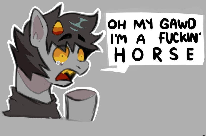 alternate_species feral grey_background grey_body horrified male open_mouth profanity shocked simple_background solo text eddotheweirdo hasbro homestuck ms_paint_adventures my_little_pony karkat_vantas alien equid equine horse mammal pony troll_(homestuck) crossover english_text