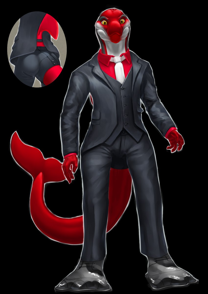 3_toes amber_eyes anthro black_body black_skin blowhole bottomwear clothing cutaway digitigrade dolphin_tail dress_shirt dress_shoes feet footwear jacket male necktie pants red_body red_skin shirt shoes solo suit suit_jacket suit_vest tail three_piece_suit toes topwear vest white_body white_skin dsw7 siader cetacean dolphin mammal marine oceanic_dolphin striped_dolphin toothed_whale 2023 alpha_channel hi_res