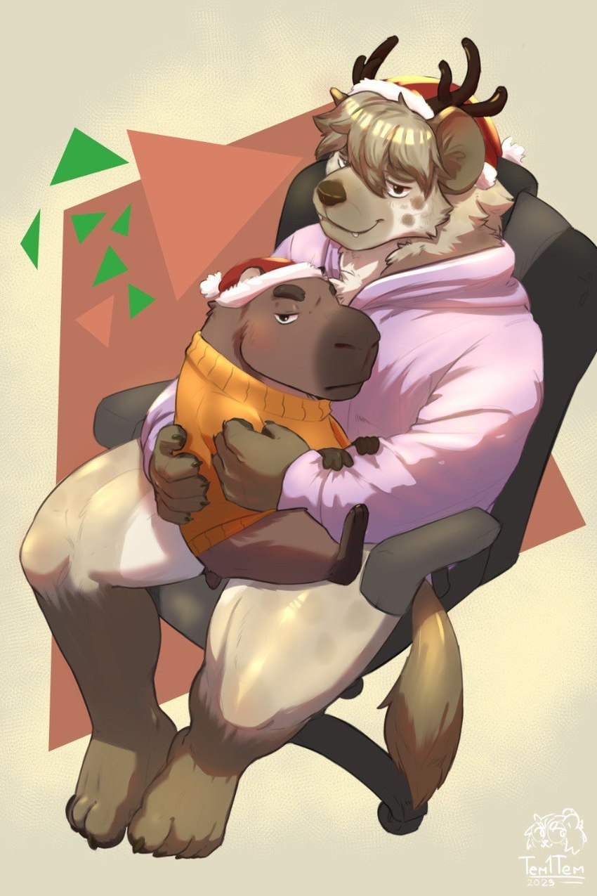 anthro clothed clothing duo hair holiday_clothing holidays male male/male simple_background smile spots tail tem1tem migurayki_(character) capybara caviid deer hybrid hyena mammal rodent spotted_hyena hi_res