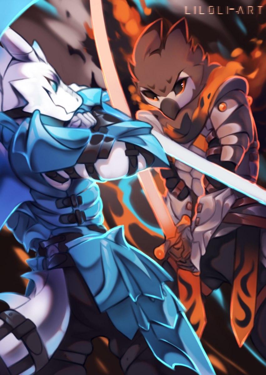 anthro armor belt blue_eyes cold duo dynamic fantasy fight fire horn magic male melee_weapon ribbons smoldering smug spikes sword tail weapon wings yellow_eyes liloli_(artist) mythology avian bird dragon mythological_creature mythological_scalie owl scalie hi_res