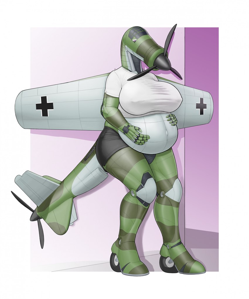 5_fingers aircraft anthro big_breasts biped breasts clothing countershade_face countershade_neck countershade_tail countershade_torso countershading do_335 female fin fingers hand_on_belly huge_breasts looking_down machine metallic_body multicolored_body nipple_outline nose_propeller pregnant pregnant_anthro pregnant_female propeller shirt solo tail tail_fin tight_clothing topwear vehicle wheel_feet wings ndragon3 aircraft_humanoid living_aircraft living_machine living_vehicle hi_res