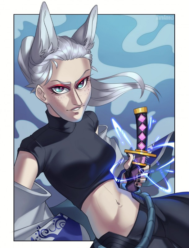 asian_sword clothed clothing female grey_eyes grey_hair hair katana looking_at_viewer melee_weapon navel smile solo sword teeth weapon wide_hips kuroame animal_humanoid canid canid_humanoid canine canine_humanoid fox fox_humanoid humanoid mammal mammal_humanoid hi_res