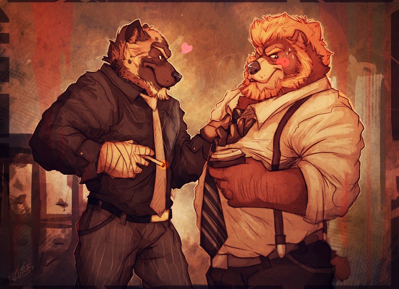 anthro bandage beard belt beverage black_nose blonde_hair blush bottomwear brown_body brown_fur cigarette clothing coffee duo facial_hair food fur hair heart_symbol male male/male musclegut muscular necktie pants shirt slightly_chubby smoke smoking suspenders teasing topwear vetrowolf bear hyena mammal spotted_hyena hi_res