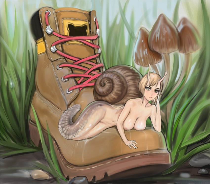 antennae_(anatomy) blush boots breasts brown_boots brown_clothing brown_footwear camel_toe cat_icon clothing detailed_background eyelashes female footwear fungus garden genitals glistening glistening_body grass green_eyes implied_transformation laces logo long_tail looking_at_viewer lying mid_transformation monster_girl_(genre) mud mushroom navel nipples not_furry nude on_front painted_background plant pussy raining rock shell shoes slime solo symbol tail tall_grass trail transformation unimpressed white_body white_skin atomx animal_humanoid arthropod gastropod gastropod_humanoid humanoid insect mollusk mollusk_humanoid slug_humanoid snail 2023 alternate_version_at_source digital_media_(artwork) digital_painting_(artwork) painting_(artwork) unfinished