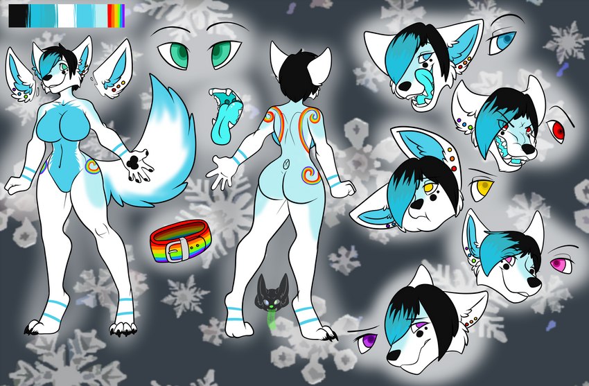 anthro ear_piercing female lgbt_pride male male/female nude piercing pride_colors six-stripe_rainbow_pride_colors solo bemmer canid canine canis mammal wolf absurd_res flat_colors hi_res model_sheet