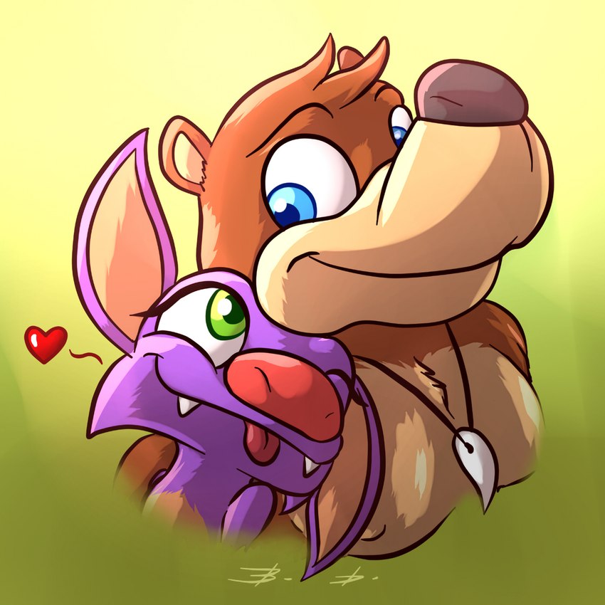 anthro blue_eyes brown_body brown_fur duo eye_contact female fur green_eyes heart_symbol looking_at_another male male/female nuzzling one_eye_closed purple_body purple_fur tongue tongue_out wink bassybefuddle conditional_dnp banjo-kazooie playtonic_games rareware yooka-laylee banjo_(banjo-kazooie) laylee bat bear mammal 1:1 crossover headshot_portrait portrait