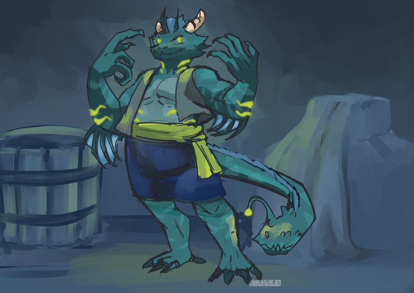 anthro clothed clothing glowing glowing_eyes glowing_markings horn living_tail male markings pirate simple_background solo tail unusual_anatomy unusual_tail aucaailin riptide_(sealmode) hybrid marine sea_monster absurd_res digital_media_(artwork) hi_res