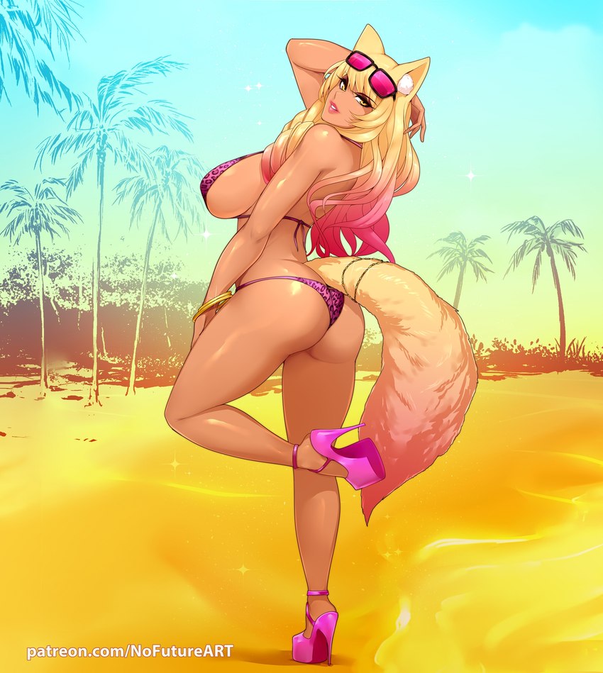 alternative_fashion animal_ear_fluff animal_ears animal_print beach big_breasts bikini bimbo_(fashion) blonde_hair bracelet breasts butt clothing day eyewear eyewear_on_head female footwear fox_ears fox_tail gold_(metal) gradient_hair gyaru hair high_heels j-fashion jewelry leopard_print multicolored_hair on_one_leg outside palm_tree pink_bikini pink_clothing pink_hair pink_swimwear plant platform_footwear platform_heels shoes side_boob solo standing sunglasses swimwear tail tan_body tan_skin text tree two-piece_swimsuit yellow_eyes nofuture fate_(series) type-moon suzuka_gozen suzuka_gozen_(swimsuit_rider)_(fate) suzuka_gozen_(swimsuit_rider)_(second_ascension)_(fate) animal_humanoid canid canid_humanoid canine canine_humanoid fox_humanoid humanoid mammal mammal_humanoid 2024 color_contrast hi_res url