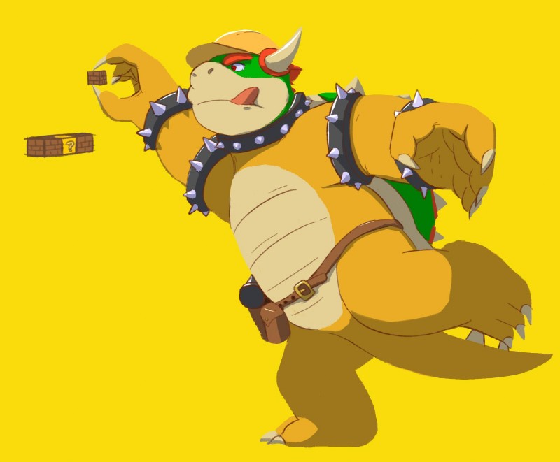 anthro clothing hat headgear headwear horn male simple_background slightly_chubby solo tongue tongue_out yellow_background jrjresq mario_bros nintendo super_mario_maker super_mario_maker_2 bowser koopa scalie 2019 hi_res