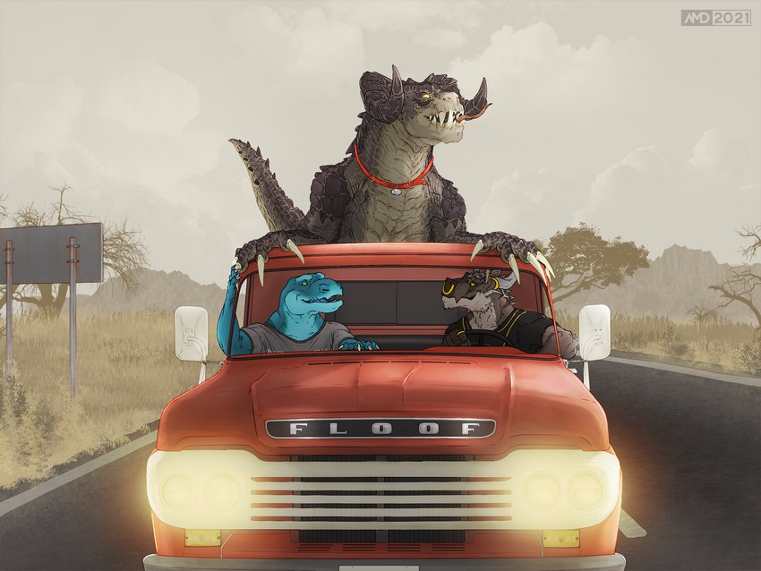 anthro car driving feral group inside_car inside_vehicle male outside road smile tail travel vacation vehicle drake1dragon fallout ford microsoft mythology dragomar drake_terrys ovirex_(character) deathclaw dragon lizard mythological_creature mythological_scalie reptile scalie 4:3 digital_media_(artwork) hi_res