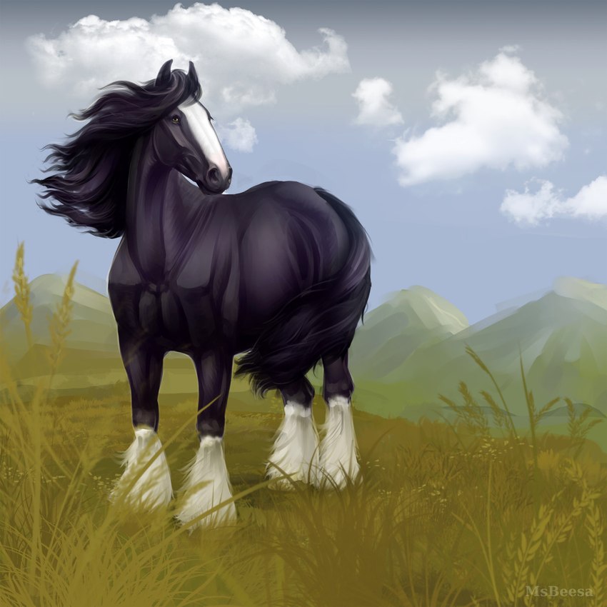 ambiguous_gender black_body black_hair black_mane black_tail facial_markings feathering feral fur grass hair head_markings looking_away mane markings mountain plant solo tail beesa clyde_(wasen) draft_horse equid equine horse mammal 1:1 digital_media_(artwork) hi_res