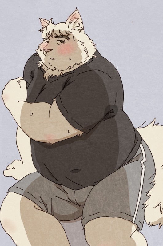 anthro biped blush bodily_fluids bottomwear clothing humanoid_hands male overweight overweight_anthro overweight_male shirt shorts simple_background sitting solo sweat topwear rentcg felid feline mammal 2019 hi_res