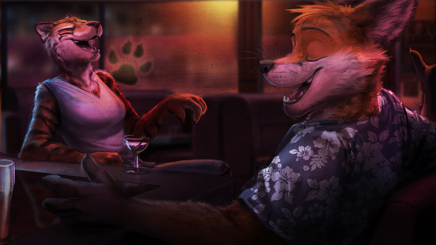 anthro beverage clothed clothing container cup drinking_glass duo female fur glass glass_container glass_cup laugh male open_mouth restaurant teeth temiree canid canine felid fox mammal pantherine red_fox tiger true_fox 16:9 2019 digital_media_(artwork) widescreen