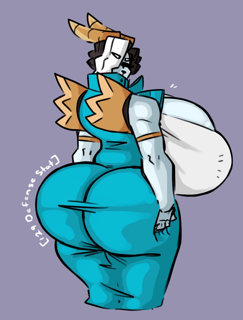 anthro big_breasts big_butt bodily_fluids breasts butt clothing coat dress female hair highlights_(coloring) horn huge_breasts huge_butt huge_thighs short_hair solo sweat sweatdrop thick_thighs tight_clothing topwear wide_hips shewiff nintendo pokemon coba_(shewiff) fan_character cobalion generation_5_pokemon humanoid legendary_pokemon pokemon_(species) hi_res