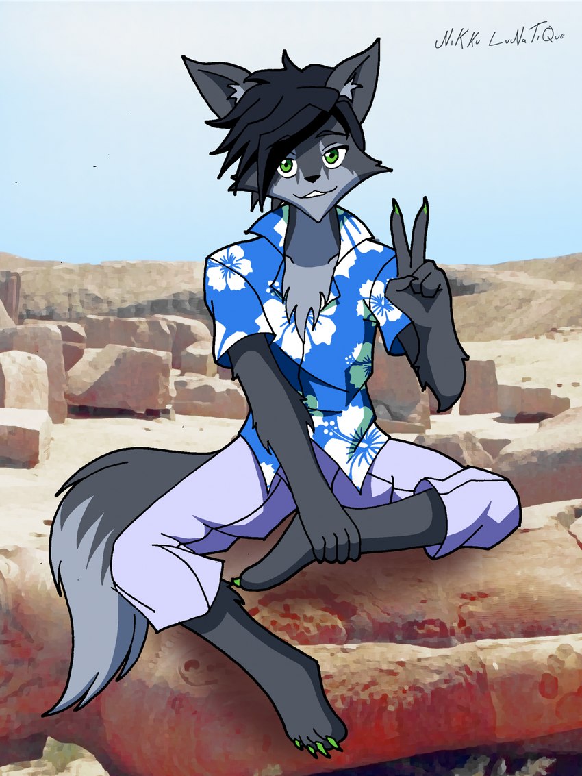 aloha_shirt anthro black_body black_fur black_hair blue_clothing bottomwear chest_tuft claws clothed clothing crossed_legs fur gesture green_claws green_eyes grey_body grey_fur hair hand_gesture hand_on_leg inner_ear_fluff looking_at_viewer male multicolored_body pants pattern_clothing pattern_shirt pattern_topwear rock shirt short_hair sitting smile solo topwear tuft two_tone_body v_sign nikku_lunatique mika_(nikku_lunatique) canid canine canis mammal wolf 3:4 hi_res