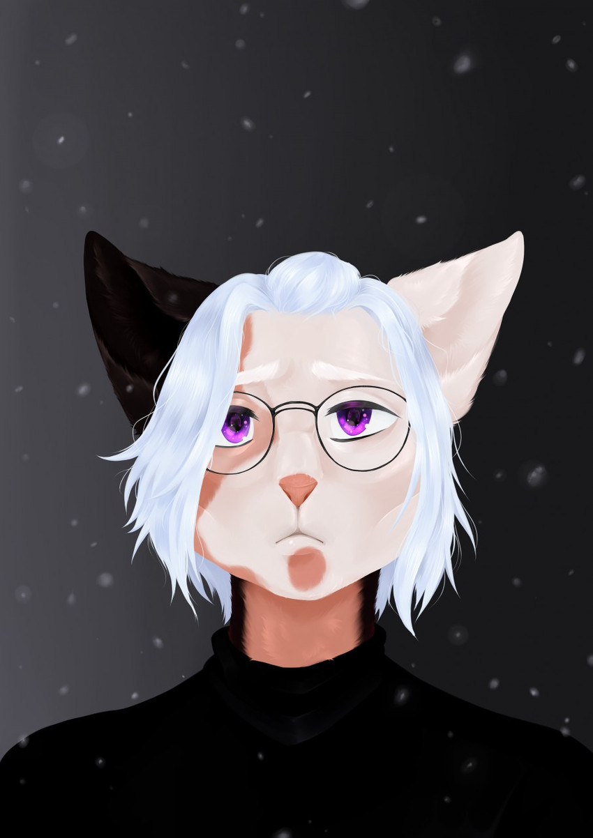 eyewear fur glasses hair male markings purple_eyes sad snow solo spots spotted_body spotted_fur white_hair lusinka yumich domestic_cat felid feline felis mammal artist_collaboration digital_media_(artwork) hi_res