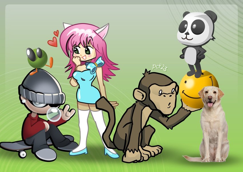 female green_background group hair heart_symbol male pink_hair simple_background skateboard smile vehicle plasticityyyy microsoft xbox xbox_360 xbox_game_studios animal_humanoid bear bird_dog canid canine canis cat_humanoid domestic_dog felid felid_humanoid feline feline_humanoid giant_panda golden_retriever haplorhine human humanoid hunting_dog mammal mammal_humanoid monkey primate retriever unknown_species