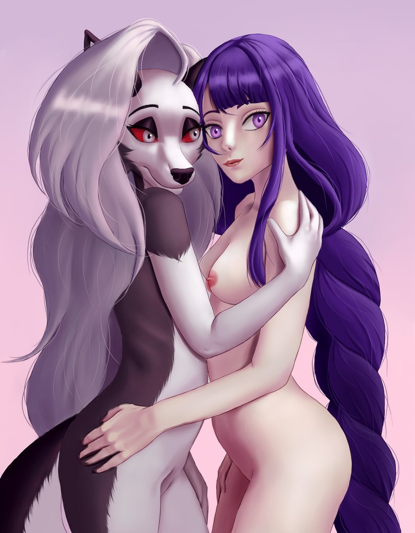 anthro areola black_body black_fur black_nose breasts duo female fur grey_hair hair medium_breasts multicolored_body multicolored_fur nipples nude pink_areola pink_nipples purple_eyes red_sclera simple_background white_body white_fur demongirl_demoness genshin_impact helluva_boss mihoyo mythology loona_(helluva_boss) raiden_shogun archon_(genshin_impact) canid canid_demon canine canis deity demon hellhound human mammal mythological_canine mythological_creature wolf 2022 absurd_res digital_drawing_(artwork) digital_media_(artwork) hi_res shaded