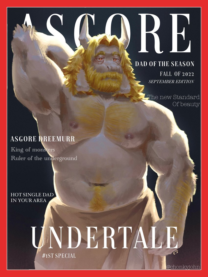 anthro arm_hair barazoku beard belly biceps big_muscles black_background blonde_hair body_hair border chest_hair eyebrows facial_hair front_view fur hair hand_behind_head happy_trail horn huge_muscles long_ears long_hair looking_at_viewer magazine male mature_anthro mature_male musclegut muscular muscular_anthro muscular_male narrowed_eyes navel nipples number obliques pecs pubes red_border simple_background solo standing text towel towel_only tuft chonkyjohn undertale undertale_(series) asgore_dreemurr boss_monster_(undertale) bovid caprine goat mammal 2022 3:4 cover cover_art cover_page english_text hi_res magazine_cover