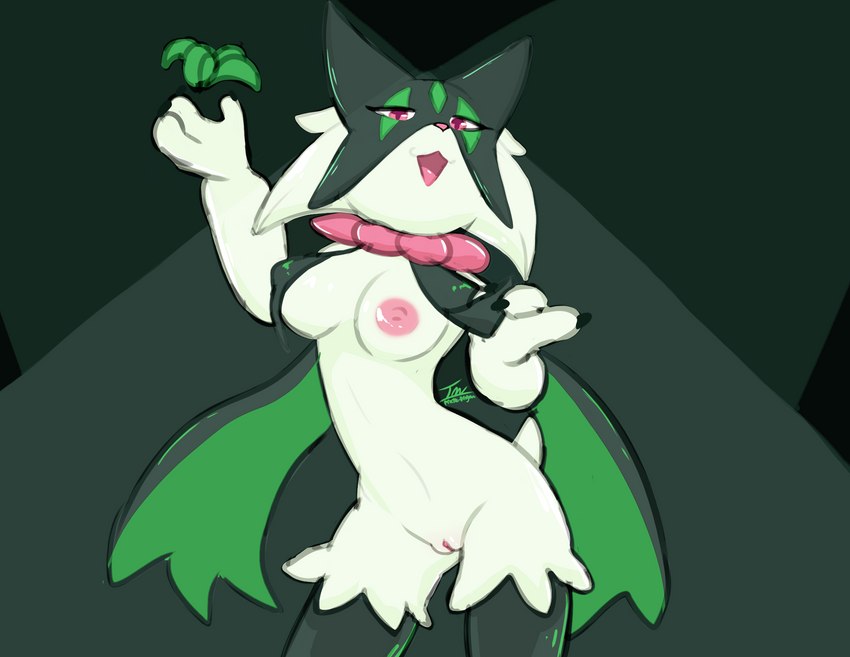 anthro areola breasts female genitals leaning leaning_forward medium_breasts nipples open_mouth pink_areola pink_eyes pink_nipples pink_nose pink_pussy pink_tongue presenting presenting_breasts pussy solo standing tongue white_body prate-dragon nintendo pokemon generation_9_pokemon meowscarada pokemon_(species) hi_res