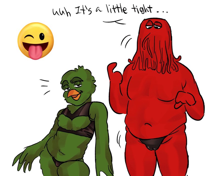 andromorph anthro beak camel_toe cleavage_cutout clothed clothing crop_top crossgender cutout dialogue dreadlocks duo emoji eyebrows feathers featureless_chest femboy green_body green_feathers hair intersex mta_crossgender mti_crossgender navel overweight overweight_intersex red_body red_hair shirt smile text thong topless topless_humanoid topless_intersex topwear underwear gavnovynitaze don't_hug_me_i'm_scared duck_guy_(dhmis) red_guy_(dhmis) avian bird humanoid english_text hi_res