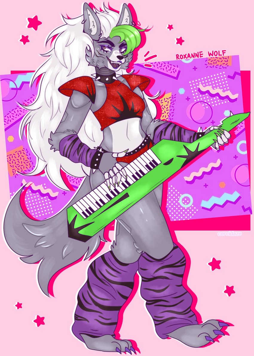 animal_print anthro arm_warmers armwear bottomwear bracelet breasts cheek_tuft clothing collar colored_nails crop_top ear_piercing eyebrows eyelashes facial_tuft fangs feet female fluffy fluffy_tail fur green_hair green_nails grey_body grey_fur hair hotpants inner_ear_fluff jewelry keyboard_instrument keytar leg_warmers legwear lipstick long_hair machine makeup mascara midriff musical_instrument nails open_mouth piercing purple_eyes purple_lipstick purple_nails purple_sclera purple_toenails red_bottomwear red_clothing red_topwear shirt shorts shoulder_pads small_breasts smug solo spiked_bracelet spiked_collar spikes tail teeth thick_thighs toenails toes tongue topwear tuft white_hair wide_hips zebra_print cervidays five_nights_at_freddy's five_nights_at_freddy's:_security_breach scottgames steel_wool_studios roxanne_wolf animatronic canid canine canis mammal robot wolf 2021 hi_res