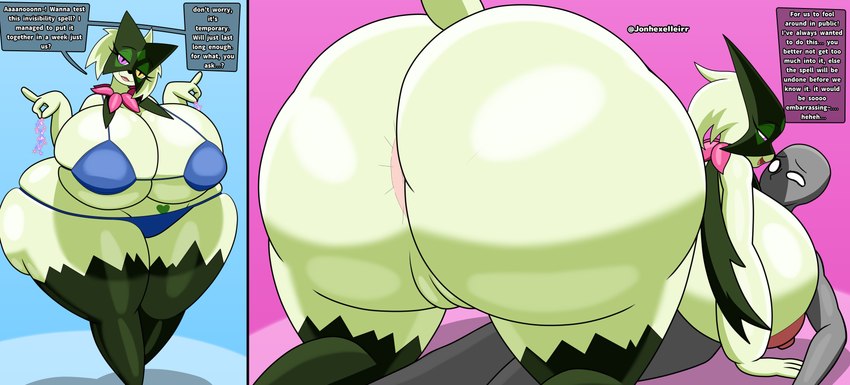 anthro anus bedroom_eyes belly big_breasts big_butt big_hipped bikini breasts butt clothing comic_panel curvy_figure dialogue dialogue_box female female_on_human female_on_top fur genitals green_body green_fur green_hair hair huge_breasts huge_butt huge_hips huge_thighs human_on_anthro hyper hyper_breasts hyper_butt hyper_hips hyper_thighs imminent_sex interspecies lust lustful_gaze male male/female narrowed_eyes nipples on_top pussy seductive simple_background slightly_chubby slightly_chubby_anthro slightly_chubby_female smile smiling_at_another smiling_at_partner swimwear teasing thick_thighs two-piece_swimsuit voluptuous wide_hips jonhexelleirr nintendo pokemon anon generation_9_pokemon human mammal meowscarada pokemon_(species) absurd_res comic hi_res shaded simple_shading