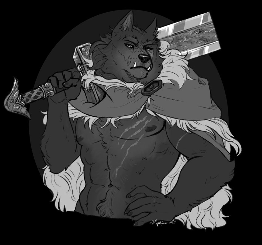 abs anthro black_background cape claws clothed clothing fangs fur greatsword hand_on_hip looking_at_viewer male midriff muscular muscular_male nipples partially_clothed pecs scar simple_background solo standing teeth weapon vectober elden_ring fromsoftware blaidd_(elden_ring) canid canine canis mammal wolf greyscale hi_res monochrome