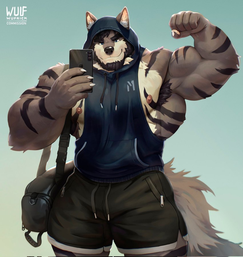 5_fingers anthro armpit_hair athletic_wear bag_around_shoulder barazoku beard biceps big_muscles black_facial_hair black_hair black_stripes blue_clothing blue_eyes blue_hoodie blue_topwear body_hair bottomwear cellphone claws clothing electronics facial_hair finger_claws fingers flexing flexing_bicep fur furgonomic_headwear furgonomic_hood furgonomics green_bottomwear green_clothing green_gym_shorts green_shorts grey_body grey_fur gym_bag gym_bottomwear gym_shorts hair holding_cellphone holding_object holding_phone holding_smartphone hood_up hoodie huge_muscles inner_ear_fluff logo male multicolored_body multicolored_fur muscular muscular_male nipples pecs phone serratus shorts sleeveless_hoodie smartphone smile solo standing striped_body striped_fur stripes tail taking_picture taking_selfie topwear tuft white_body white_fur white_inner_ear_fluff wufrick magunm canid canine canis mammal wolf 2025 artist_logo hi_res