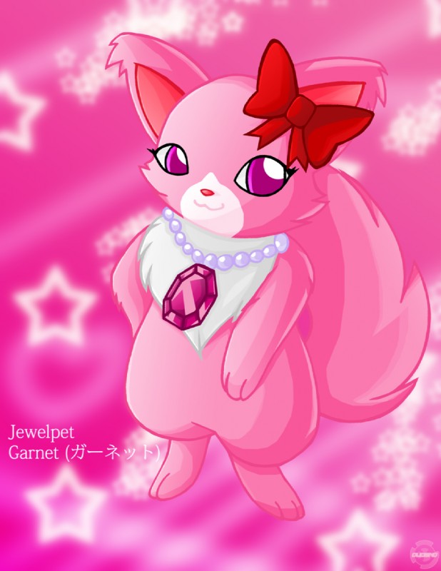 bokeh bow_(feature) bow_accessory ear_bow female looking_at_viewer pattern_background pink_background pink_eyes semi-anthro simple_background smile solo star star-shaped_background star_bokeh text y2k_(graphic_design) mrsorange jewelpet sanrio sega sega_fave garnet_(jewelpet) domestic_cat felid feline felis mammal persian_cat translated