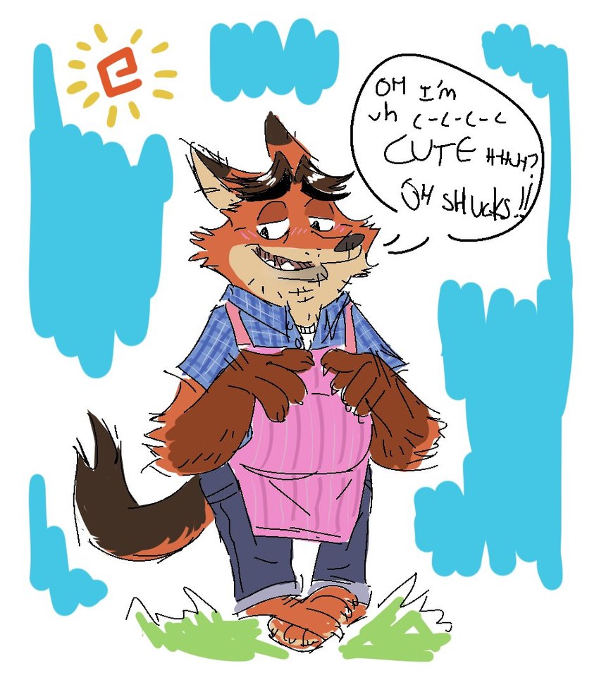 anthro apron blush bottomwear clothing dialogue male pants shirt slightly_chubby solo sun text topwear mcthundergoose disney zootopia gideon_grey canid canine fox mammal red_fox true_fox 2016 english_text