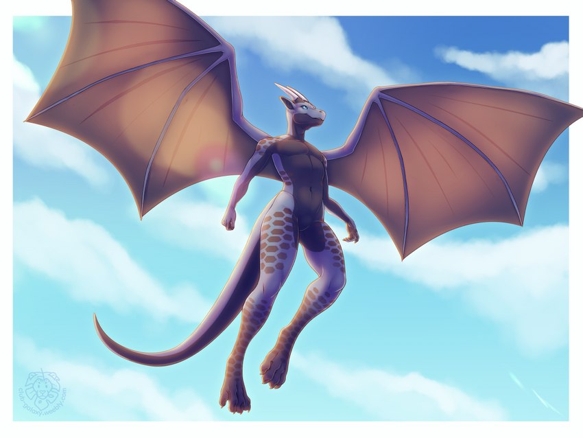 anthro backlighting cloud day flying horn light male outside simple_background sky skyscape smile solo spread_wings tail wings masahikoko mythology setherion dragon mythological_creature mythological_scalie scalie 4:3 digital_media_(artwork) lighting