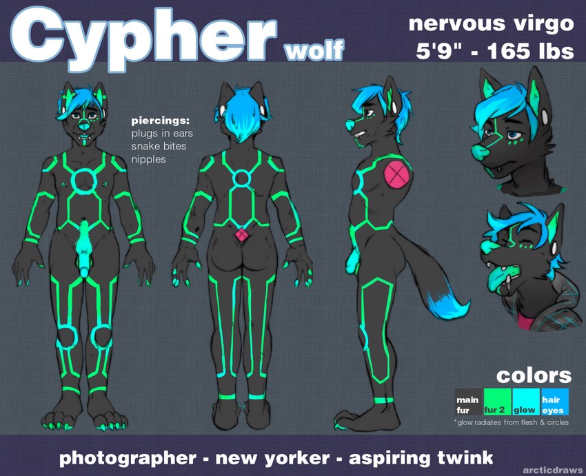 anthro biped clothed clothing dipstick_tail fur genitals hair hoodie male markings penis simple_background solo standing tail tail_markings text topwear rustyclawshot cypher_(diaperedglowwolf) canid canine canis mammal wolf 2017 digital_drawing_(artwork) digital_media_(artwork) english_text model_sheet