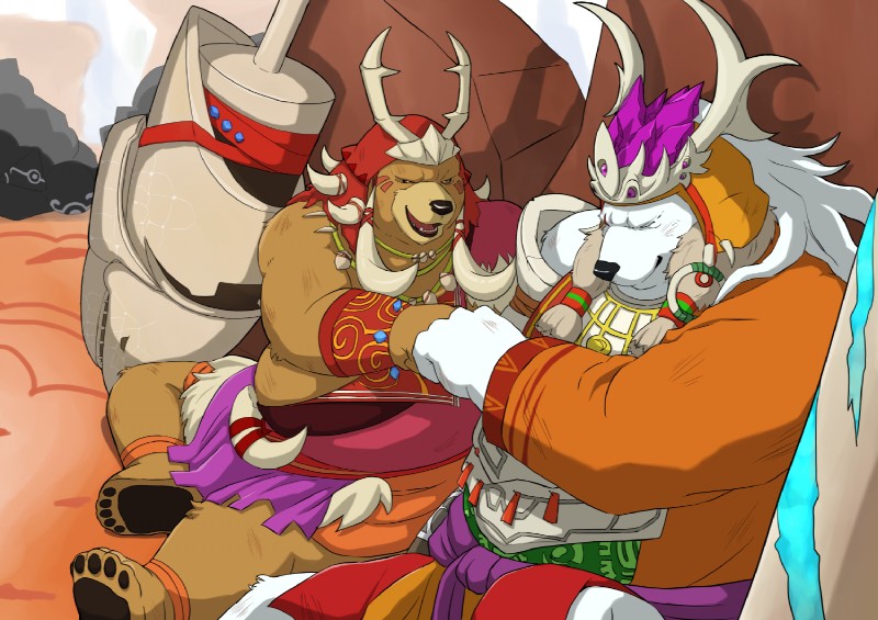 anthro belly brown_body brown_fur clothed clothing duo fur humanoid_hands male overweight overweight_male sitting yaneue sdorica crushfang_(sdorica_sunset) dagger_(sdorica_sunset) bear mammal polar_bear ursine 2018