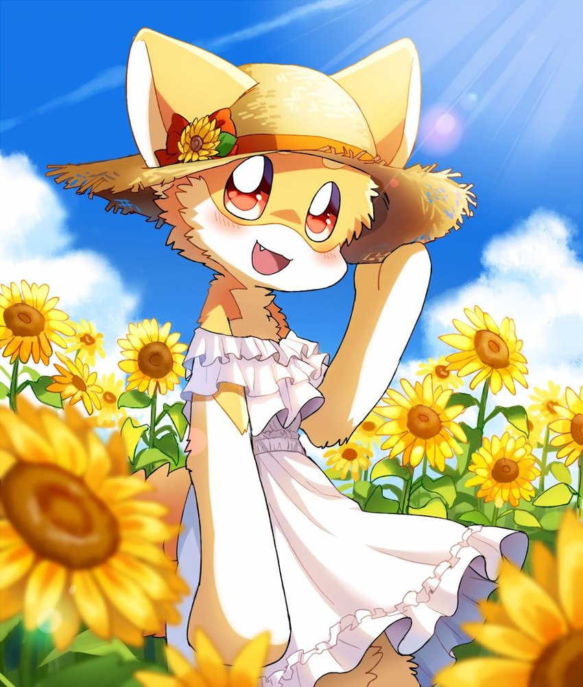 accessory alternative_fashion blue_sky blush clothing cloud countershading country_lolita detailed_background dress fangs female flower flower_in_hair frilly frilly_clothing frilly_dress fur furgonomics hair hair_accessory hat headgear headwear j-fashion light light_beam lolita_(fashion) looking_at_viewer orange_body orange_fur plant semi-anthro sky smile solo standing strapless_clothing strapless_dress straw_hat summer sun_hat sunflower teeth white_body white_clothing white_dress white_fur ayaka kyappy canid canine canis domestic_dog mammal shiba_inu spitz