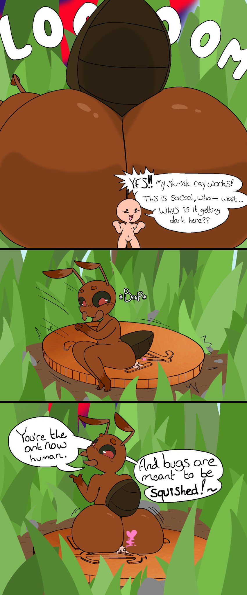 anthro aroused big_butt brown_body butt coin dialogue grass happy heart_symbol irony looming looming_over macro male micro onomatopoeia plant sitting sitting_on_another smothering sound_effects squish text thick_thighs kralex_(artist) undnift zeqe ant arthropod hymenopteran insect absurd_res comic english_text hi_res