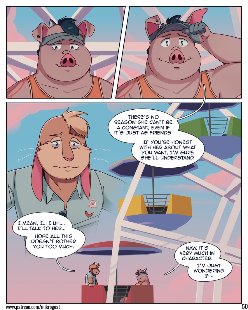 amusement_ride anthro clothing cloud detailed_background dialogue duo ear_piercing enamel_pin ferris_wheel floppy_ears fur hair hat headgear headwear horn lapel_pin looking_down male outside overweight overweight_male piercing shirt sky smile speech_bubble tank_top text topwear visor whiskers mikrogoat abe_(mikrogoat) basil_(mikrogoat) domestic_pig lagomorph leporid mammal rabbit suid suine sus_(pig) 4:5 comic digital_media_(artwork) english_text hi_res url