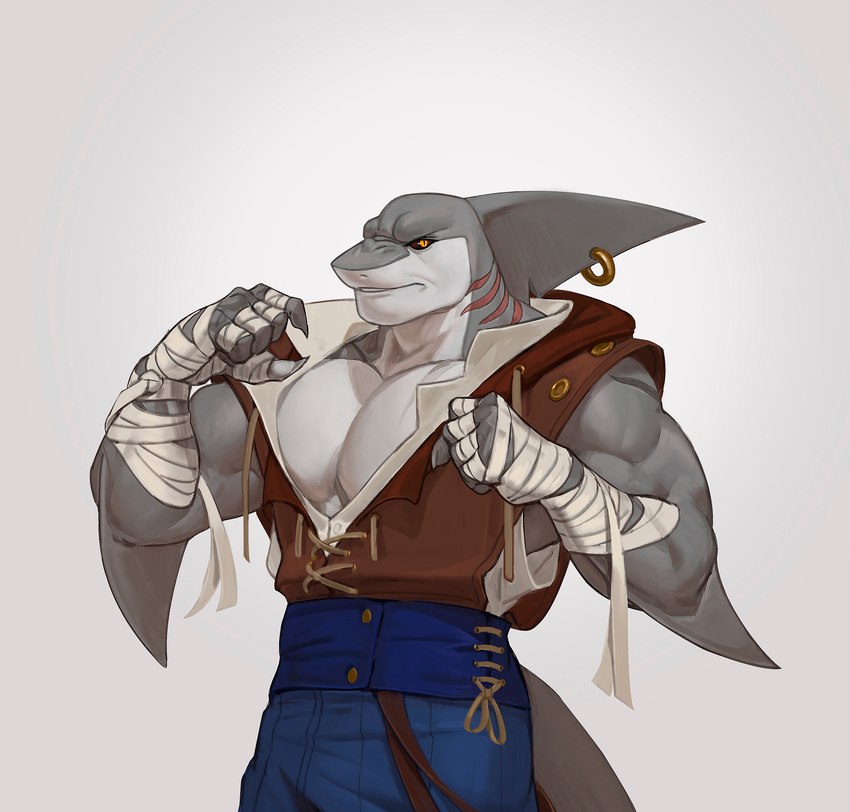 anthro bandage bandaged_arm clothed clothing countershading fin fin_piercing fin_ring furgonomics furry-specific_piercing gills grey_body looking_at_viewer male muscular muscular_male neck_gills pecs piercing red_gills simple_background solo standing wrappings edvardiko kuyo_(arcadegig) fish marine shark absurd_res hi_res