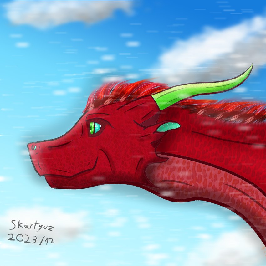 ambiguous_gender blue_sclera feral fur green_eyes green_horn horn profile red_body red_scales scales side_view simple_background smile solo text skartyuz european_mythology mythology wings_of_fire fan_character dragon furred_dragon furred_scalie mammal mythological_creature mythological_scalie reptile scalie western_dragon 1:1 dated digital_media_(artwork) headshot_portrait icon portrait signature