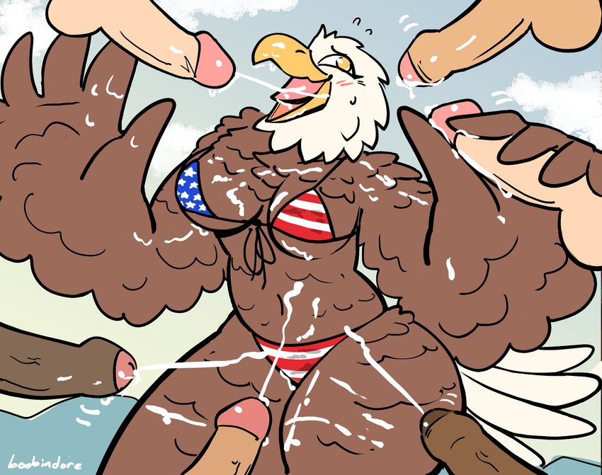 american_flag_bikini anthro beak bikini bodily_fluids breasts bukkake clothing cum cum_in_mouth cum_inside cumshot disembodied_penis ejaculation feathered_wings feathers female flag_bikini gangbang genital_fluids genitals group group_sex handjob holidays human_on_anthro humanoid_genitalia humanoid_penis interspecies male male/female non-mammal_breasts open_beak open_mouth penile penis sex swimwear thick_thighs two-piece_swimsuit winged_arms wings yellow_eyes dubindore 4th_of_july american_eagle accipitrid accipitriform avian bald_eagle bird eagle human mammal sea_eagle hi_res