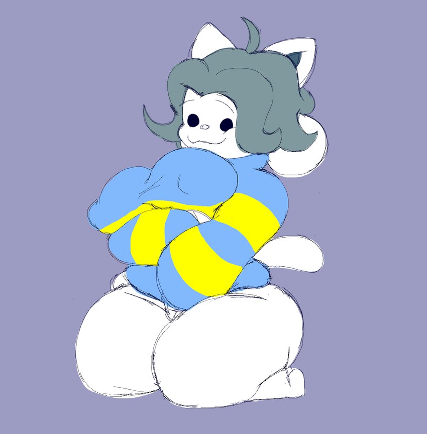 anthro big_breasts breasts clothing female looking_at_viewer nipple_outline smile smiling_at_viewer solo sweater thick_thighs topwear fuzefurry undertale undertale_(series) temmie_(undertale) canid canine felid feline mammal tem absurd_res hi_res