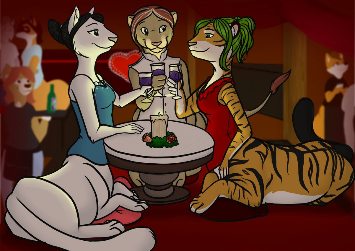 black_hair black_tail blue_eyes bottomless breasts clothed clothing container cup drinking_glass female female/female fur glass glass_container glass_cup green_eyes green_hair group hair holidays orange_body orange_fur pink_hair pink_nose striped_body striped_fur stripes tail tan_body tan_fur trio_focus white_body white_fur wine_glass rhari valentine's_day chakat_blacktail chakat_midsnow gildedtongue chakat felid felid_taur mammal mammal_taur pantherine pantherine_taur taur tiger tiger_taur herm_(lore)