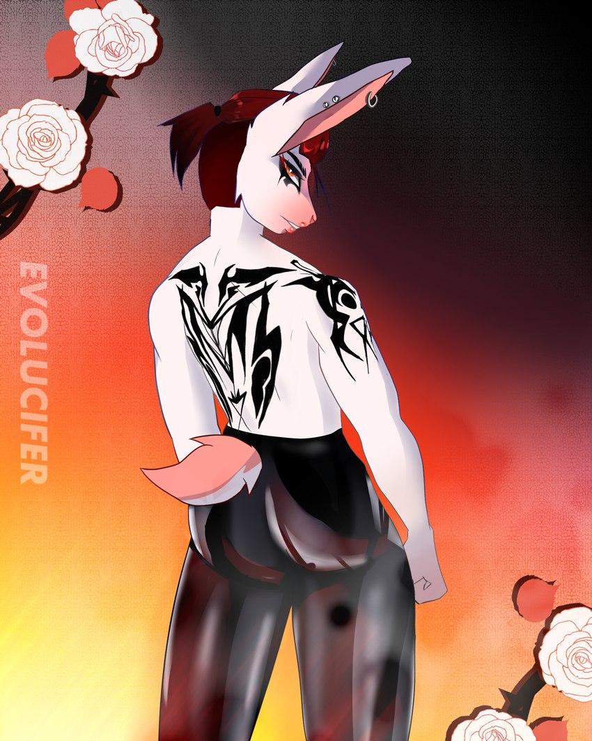 anthro arm_tattoo back_tattoo clothing ear_piercing female flower hair latex latex_clothing latex_legwear leggings legwear multicolored_body muscular muscular_female piercing plant poster red_hair rose_(flower) solo tattoo evolucifer hare lagomorph leporid mammal rabbit hi_res