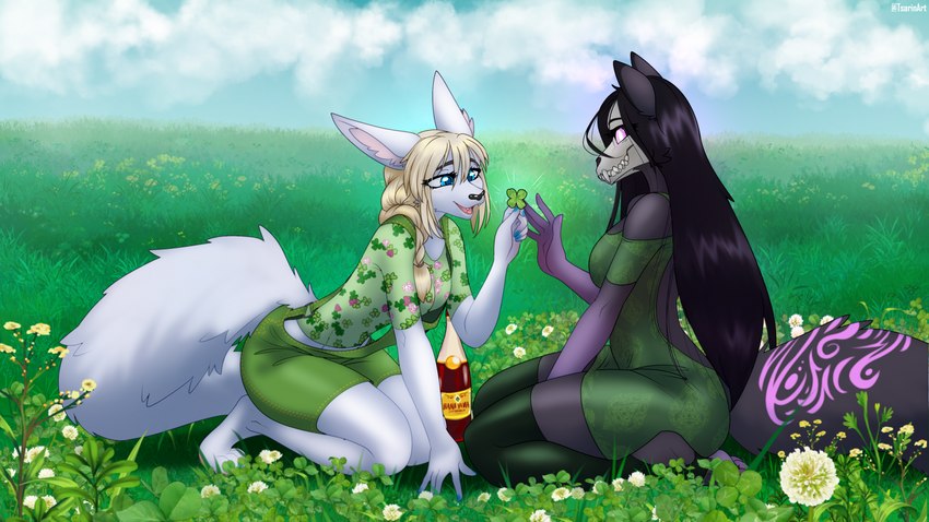 anthro clothed clothing clover_(plant) detailed_background duo female flower holding_object looking_pleasured meadow plant smile wine_bottle tsarinart scp_foundation scp-1471-a vixsyn canid canine fox malo mammal 16:9 4k absurd_res hi_res widescreen