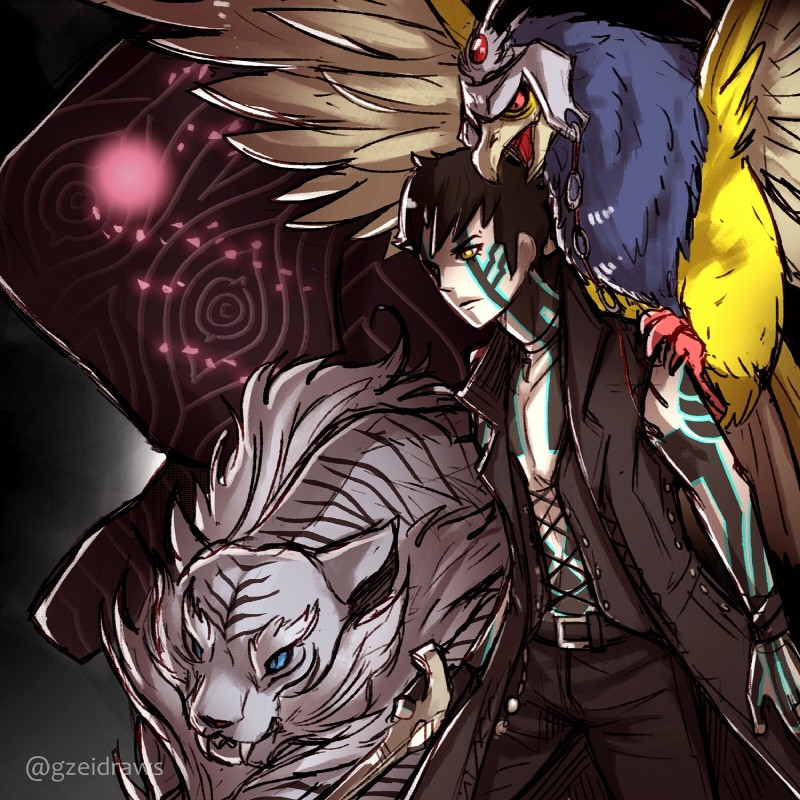 beak blue_eyes cane clothing cosplay feral glowing group headgear jacket markings text topwear gzei atlus capcom devil_may_cry devil_may_cry_5 megami_tensei sega demi-fiend noah_(megami_tensei) suparna avian demon felid feline human mammal pantherine tiger 1:1 hi_res