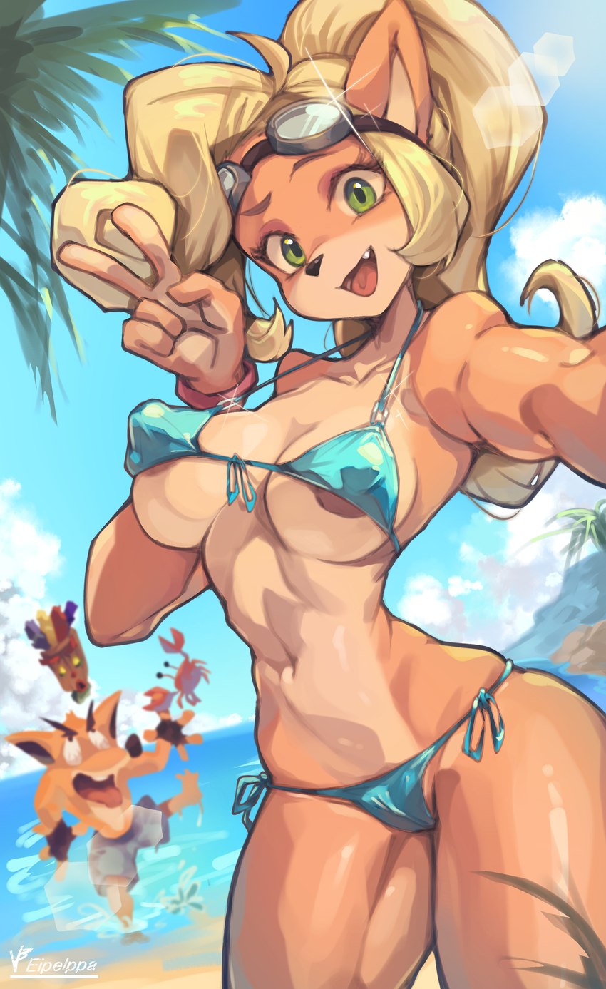 anthro areola areola_slip beach bikini blonde_hair blue_bikini blue_clothing blue_swimwear breasts clothing cute_fangs duo eyebrows eyewear eyewear_on_head fangs female female_focus fur gesture glistening glistening_body glistening_fur goggles goggles_on_head green_eyes hair hand_gesture kemono looking_at_viewer male mask navel nipple_outline open_mouth open_smile orange_body orange_fur outside side-tie_bikini smile string_bikini swimwear tan_body tan_fur teeth two-piece_swimsuit v_sign wristband iepelppa activision crash_bandicoot_(series) aku_aku coco_bandicoot crash_bandicoot animate_inanimate bandicoot living_mask mammal marsupial 2024 absurd_res hi_res brother_(lore) brother_and_sister_(lore) sibling_(lore) sister_(lore)